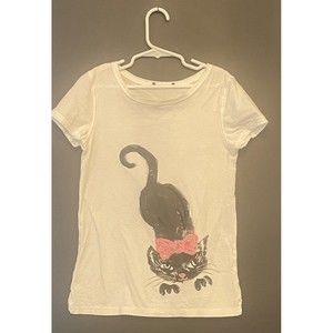 H&M Kids Large Cotton T- Shirt Black Cat Pink Sequin Halloween